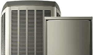 Front view of a Romaniuk HVAC condenser unit with a metallic grille design, shown isolated on a transparent background.
