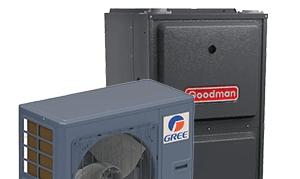 Front view of a The Comfort Group HVAC condenser unit with a metallic grille design, shown isolated on a transparent background.