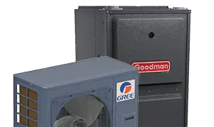 Front view of a The Comfort Group HVAC condenser unit with a metallic grille design, shown isolated on a transparent background.