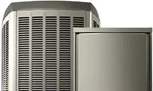 Front view of a 669 Heat HVAC condenser unit with a metallic grille design, shown isolated on a transparent background.