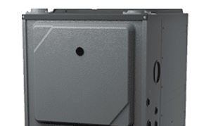 Front view of a Dunn HVAC condenser unit with a metallic grille design, shown isolated on a transparent background.