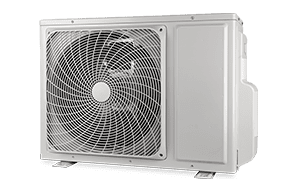 Front view of a Moore & Russell HVAC condenser unit with a metallic grille design, shown isolated on a transparent background.
