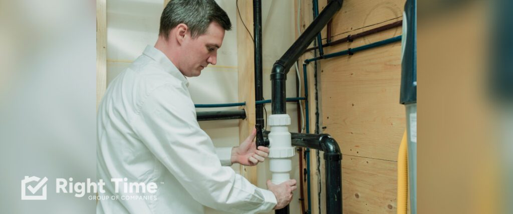 Technician inspecting a home’s main drain line and plumbing stack.
