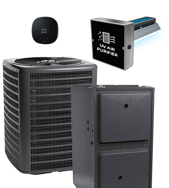 Front view of a The Comfort Group HVAC condenser unit with a metallic grille design, shown isolated on a transparent background.