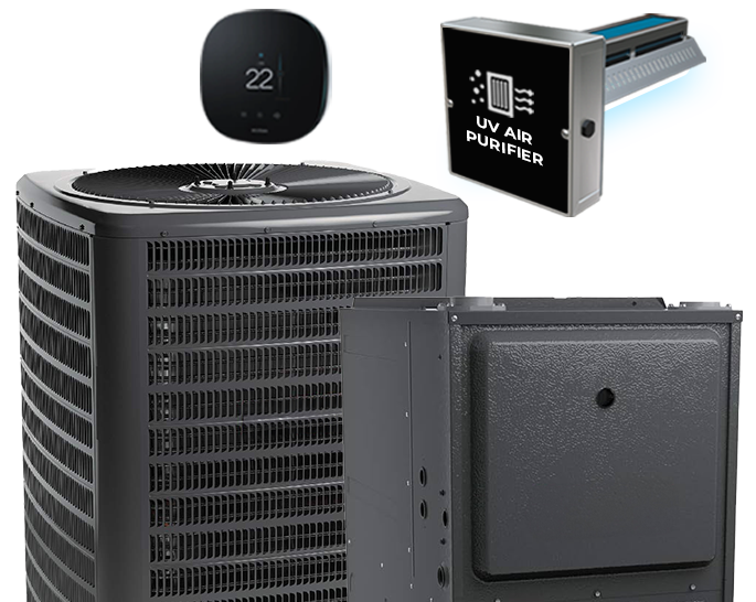 Front view of a The Comfort Group HVAC condenser unit with a metallic grille design, shown isolated on a transparent background.