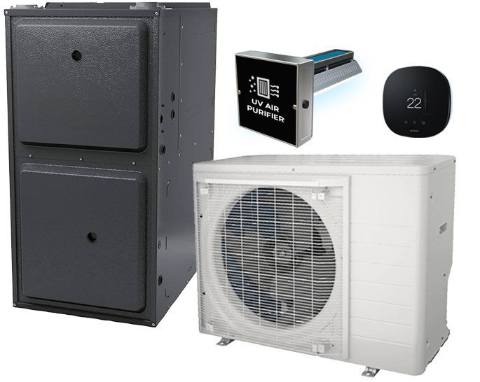 Front view of a The Comfort Group HVAC condenser unit with a metallic grille design, shown isolated on a transparent background.