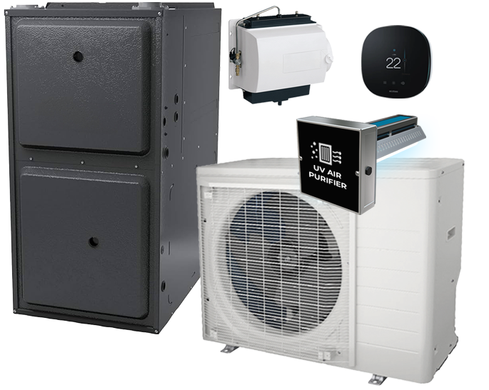 Front view of a 669 Heat HVAC condenser unit with a metallic grille design, shown isolated on a transparent background.
